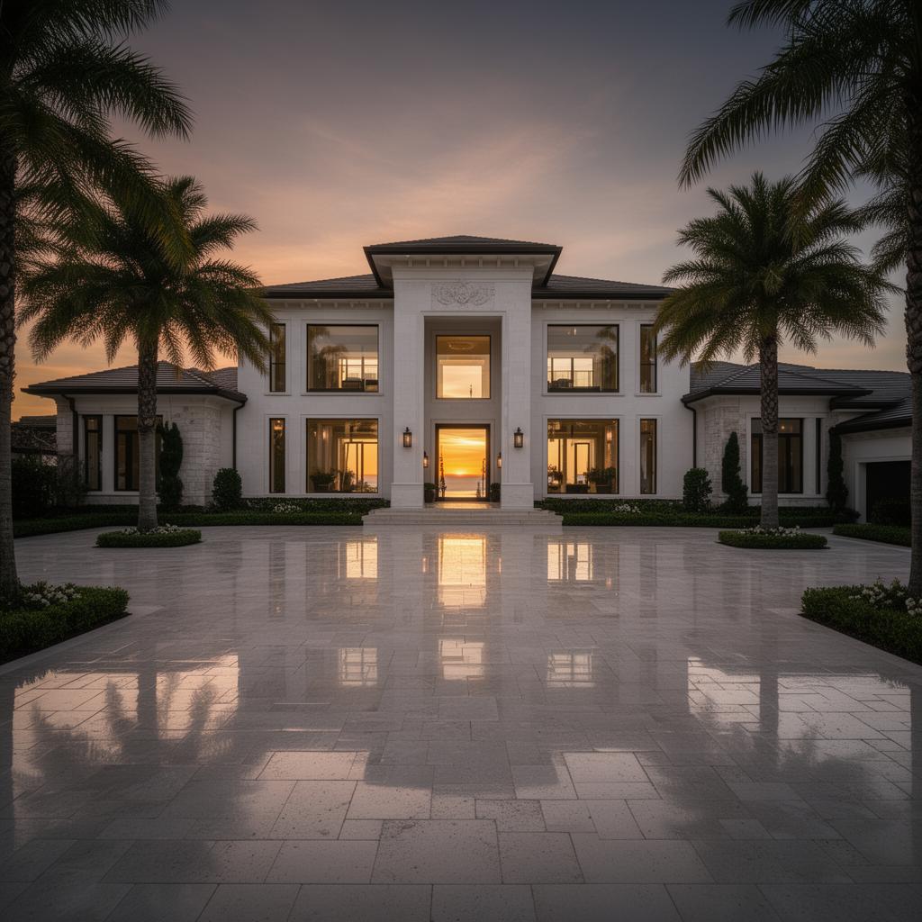 Pristine Southwest Florida luxury estate at sunset, freshly cleaned by Gold Line Property Solutions